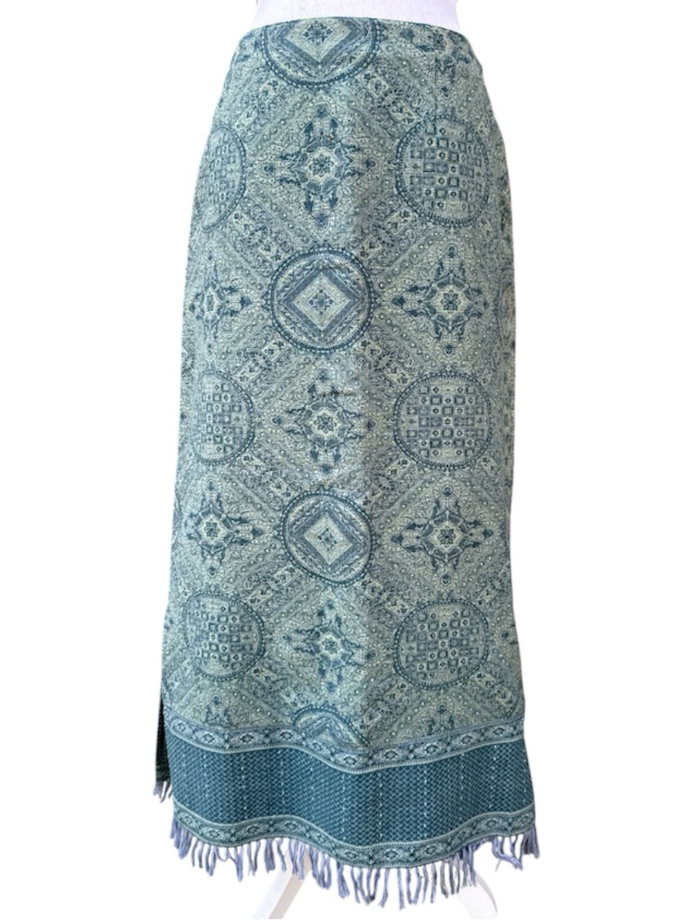 Vintage Boho Teal Aqua Jacquard Tapestry Maxi Skirt Size 8